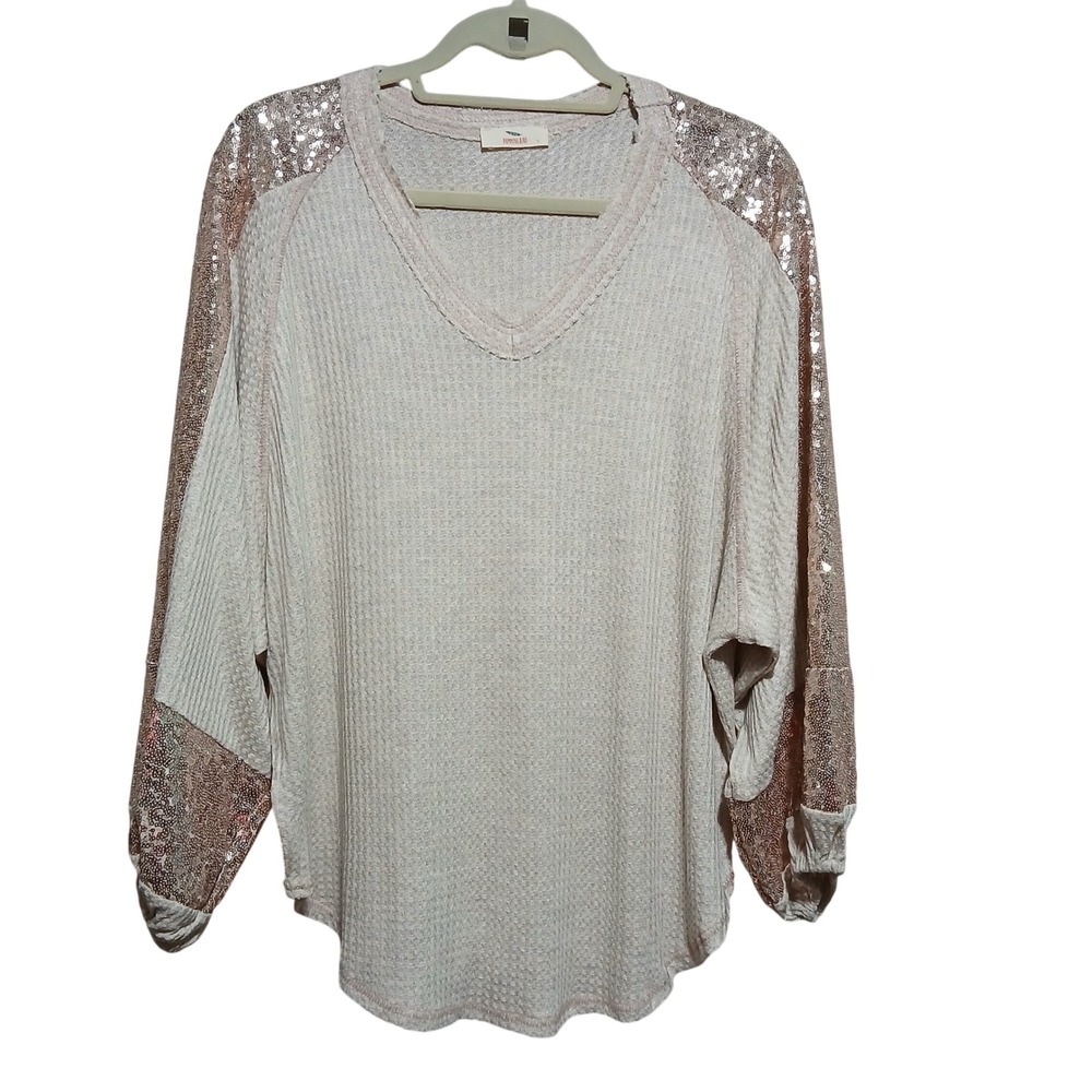 Hummingbird Women's Sequin Sleeve Top‎ V-Neck Waffle Knit Champagne Small